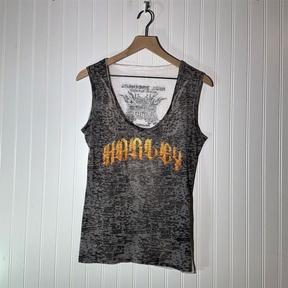 Harley-Davidson Tops - Harley-Davidson Y2K White Gray Sheer Logo Double Sided Tank Top L Biker Babe Alt